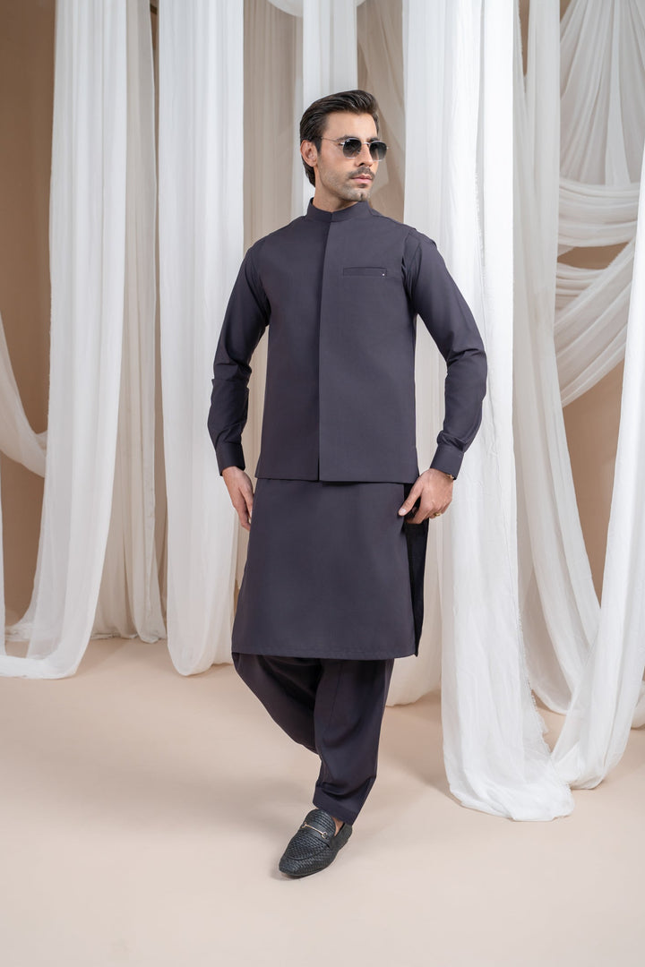 Muraqsh Ready To Wear Solids Cotton Men Burgundy Luxury Formal Kameez Shalwar with Blended Waistcoat Straight Cut MUR-BLFKS - Summer Collection