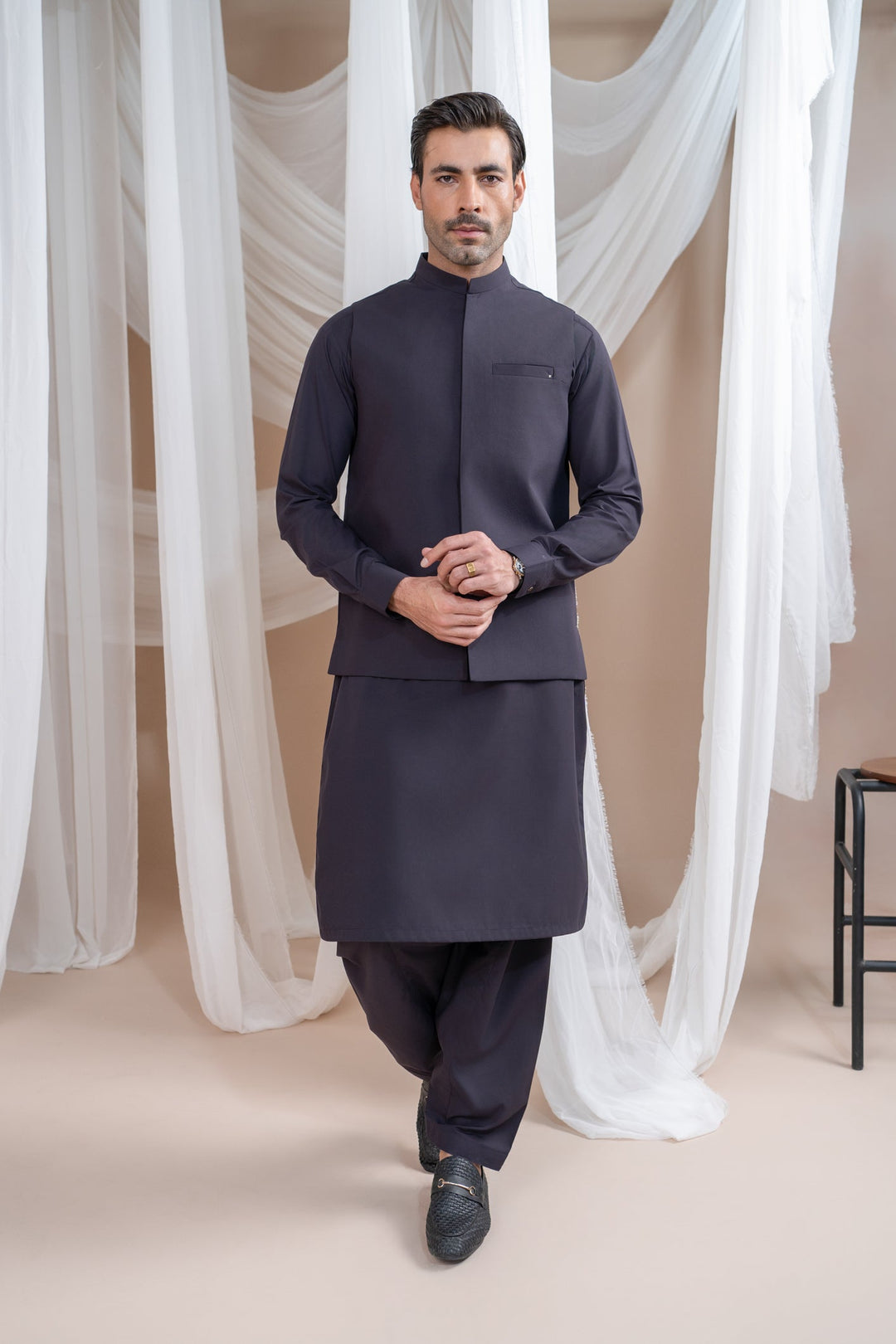 Muraqsh Ready To Wear Solids Cotton Men Burgundy Luxury Formal Kameez Shalwar with Blended Waistcoat Straight Cut MUR-BLFKS - Summer Collection