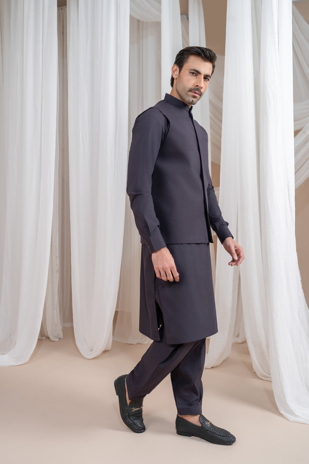 Muraqsh Ready To Wear Solids Cotton Men Burgundy Luxury Formal Kameez Shalwar with Blended Waistcoat Straight Cut MUR-BLFKS - Summer Collection