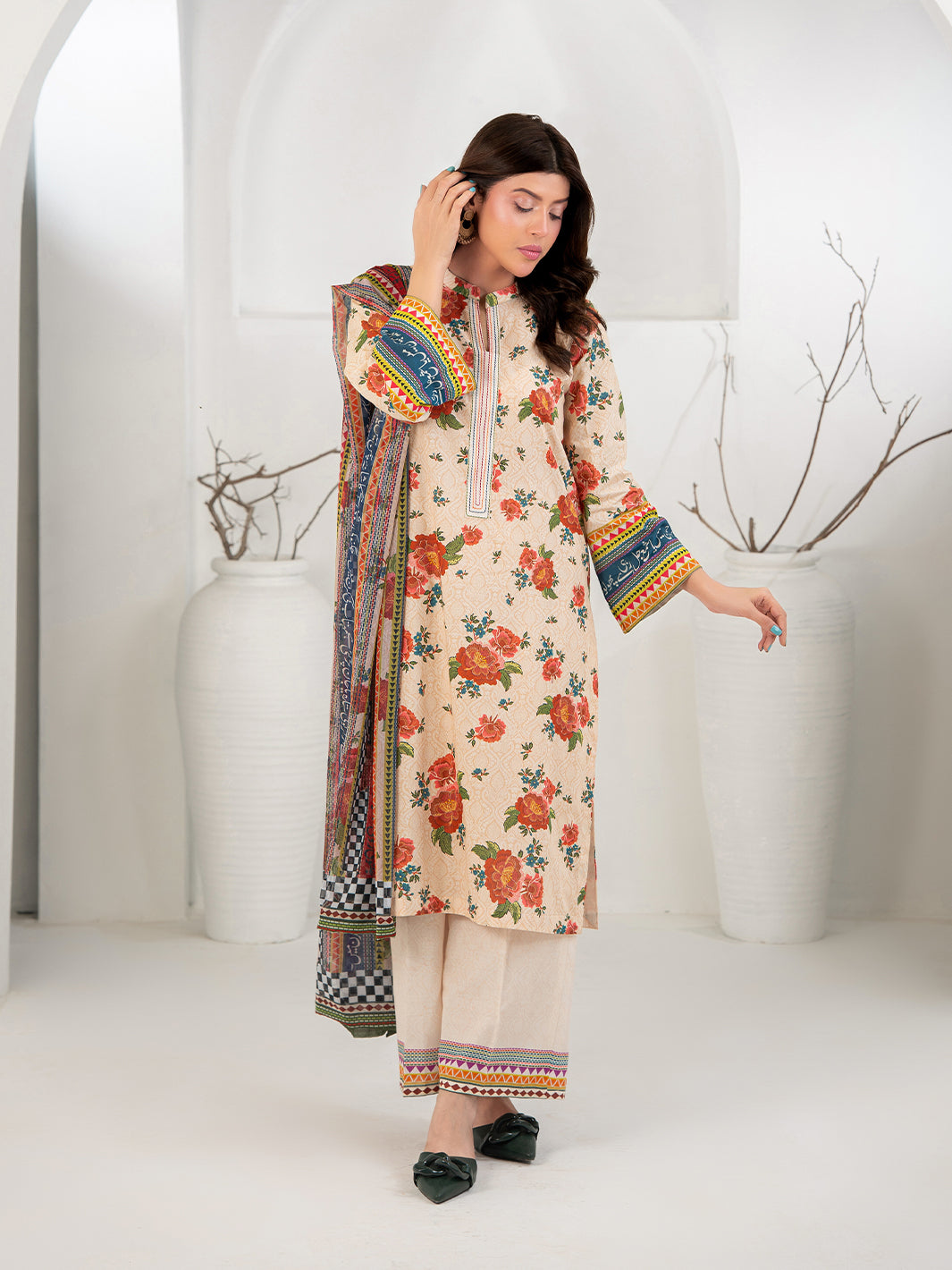 TNG Women Luxury Pret Printed Cambric 3 Piece Suit Gul Bahar Peach - Casual Collection