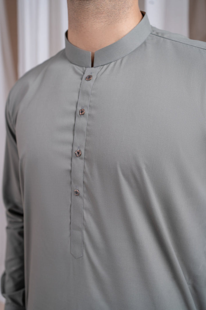 Muraqsh Ready To Wear Solids Cotton Men Sand Grey Luxury Blended Kurta Shalwar MURGLBK - Summer Collection