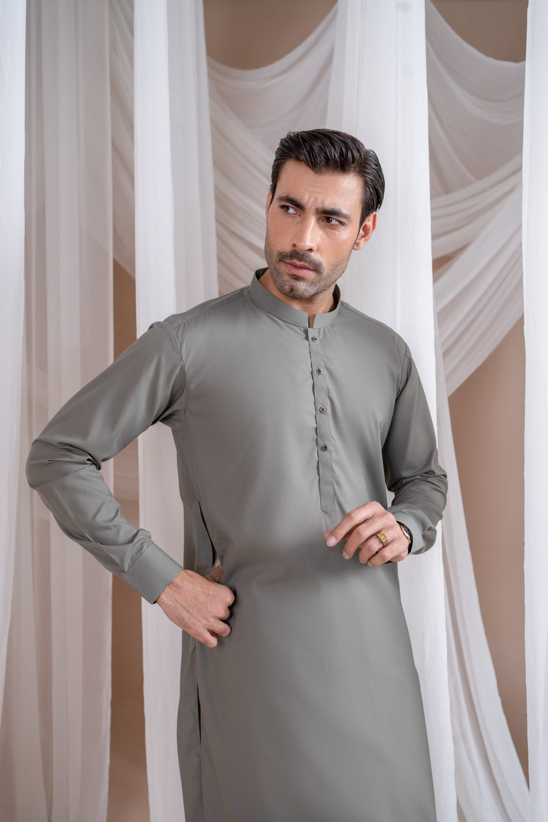 Muraqsh Ready To Wear Solids Cotton Men Sand Grey Luxury Blended Kurta Shalwar MURGLBK - Summer Collection