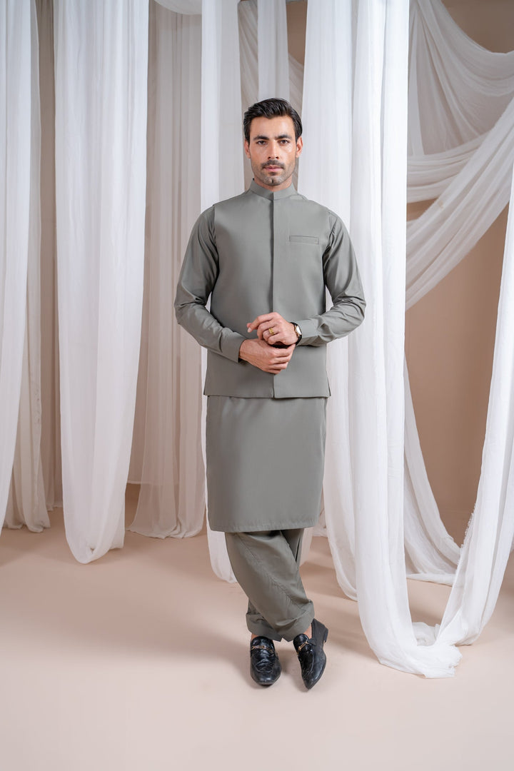 Muraqsh Ready To Wear Solids Cotton Men Sand Grey Luxury Formal Kameez Shalwar with Blended Waistcoat Straight Cut MURGLFK - Summer Collection