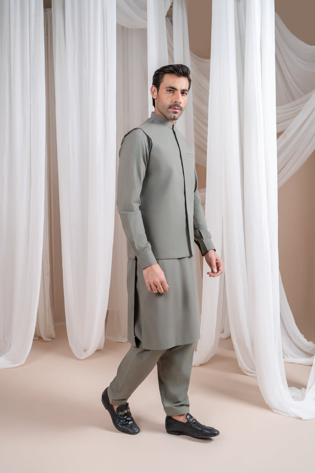 Muraqsh Ready To Wear Solids Cotton Men Sand Grey Luxury Formal Kameez Shalwar with Blended Waistcoat Straight Cut MURGLFK - Summer Collection