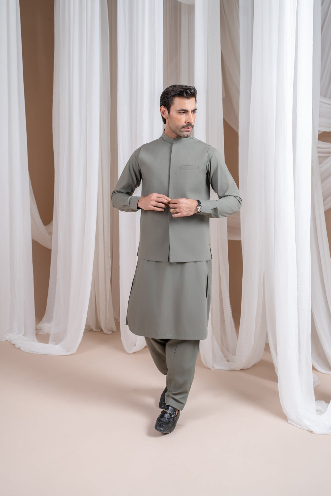 Muraqsh Ready To Wear Solids Cotton Men Sand Grey Luxury Formal Kameez Shalwar with Blended Waistcoat Straight Cut MURGLFK - Summer Collection