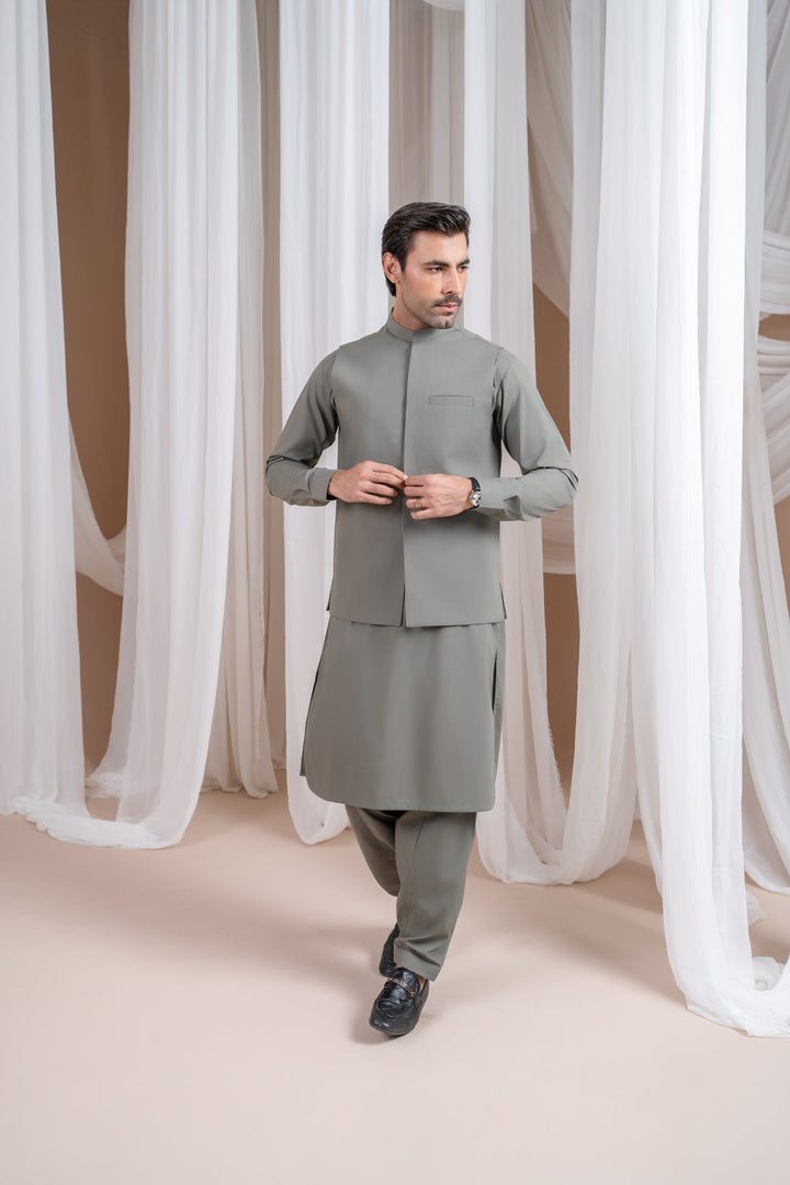 Muraqsh Ready To Wear Solids Cotton Men Sand Grey Luxury Formal Kameez Shalwar with Blended Waistcoat Straight Cut MURGLFK - Summer Collection