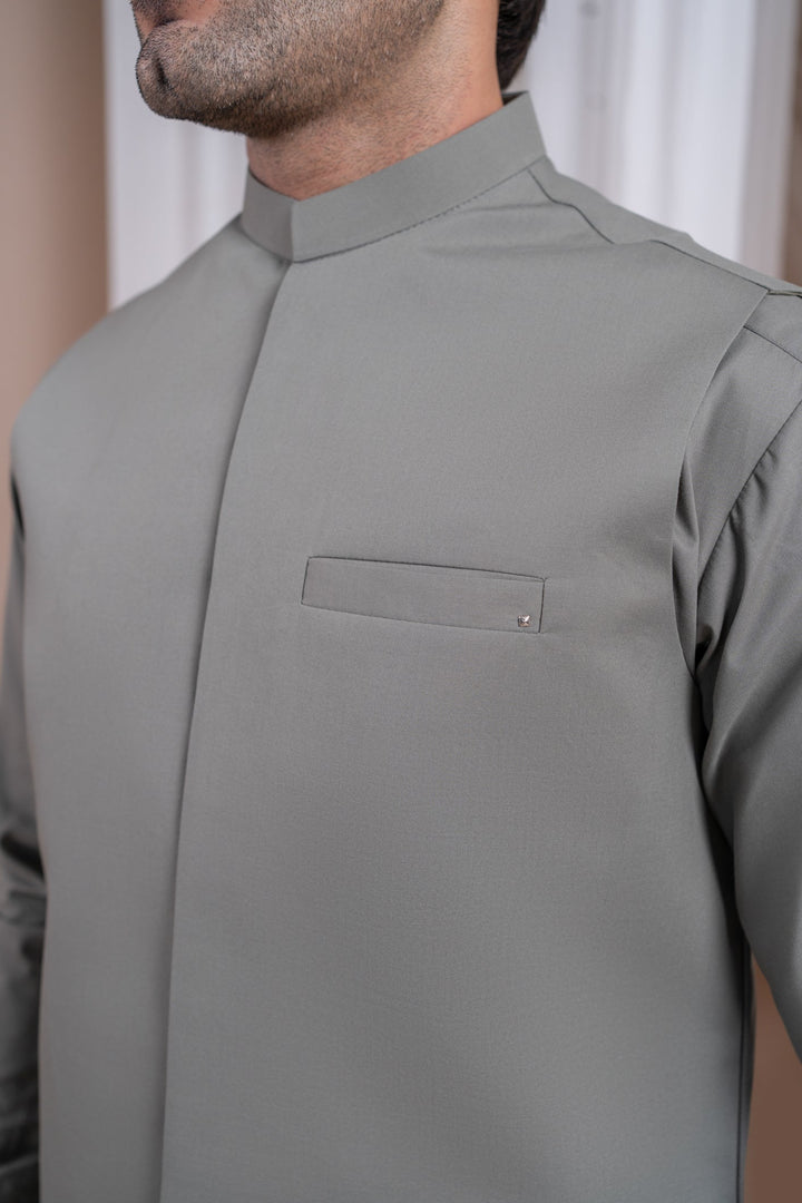 Muraqsh Ready To Wear Solids Cotton Men Sand Grey Luxury Formal Kameez Shalwar with Blended Waistcoat Straight Cut MURGLFK - Summer Collection