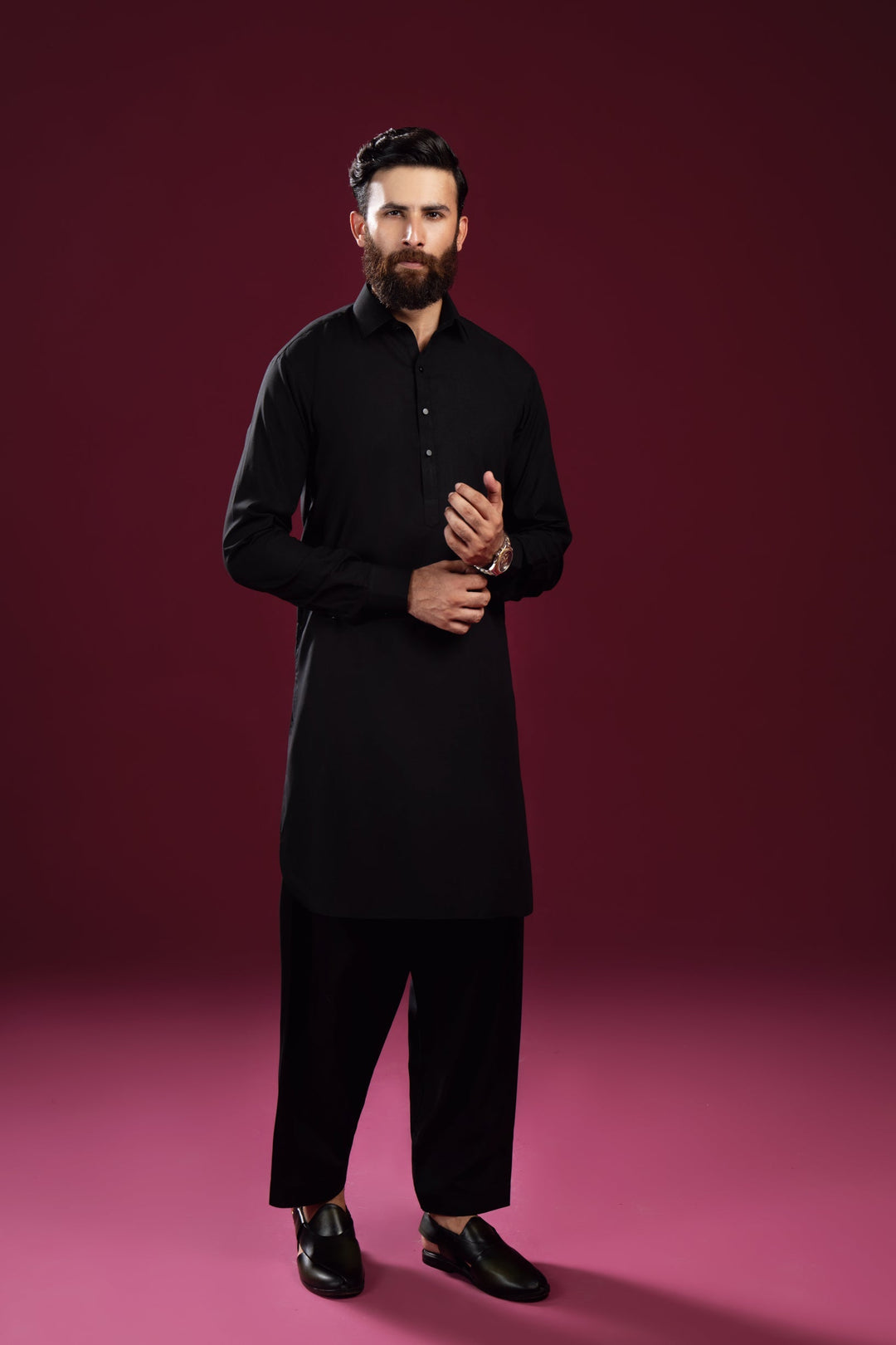 Muraqsh Ready To Wear Solids Cotton Men Black French Collar Kameez Shalwar MUR-BFCKS - Summer Collection