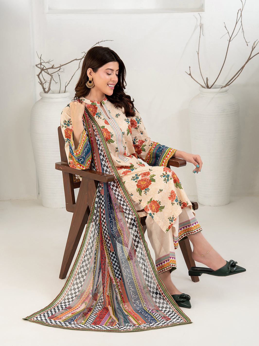 TNG Women Luxury Pret Printed Cambric 3 Piece Suit Gul Bahar Peach - Casual Collection
