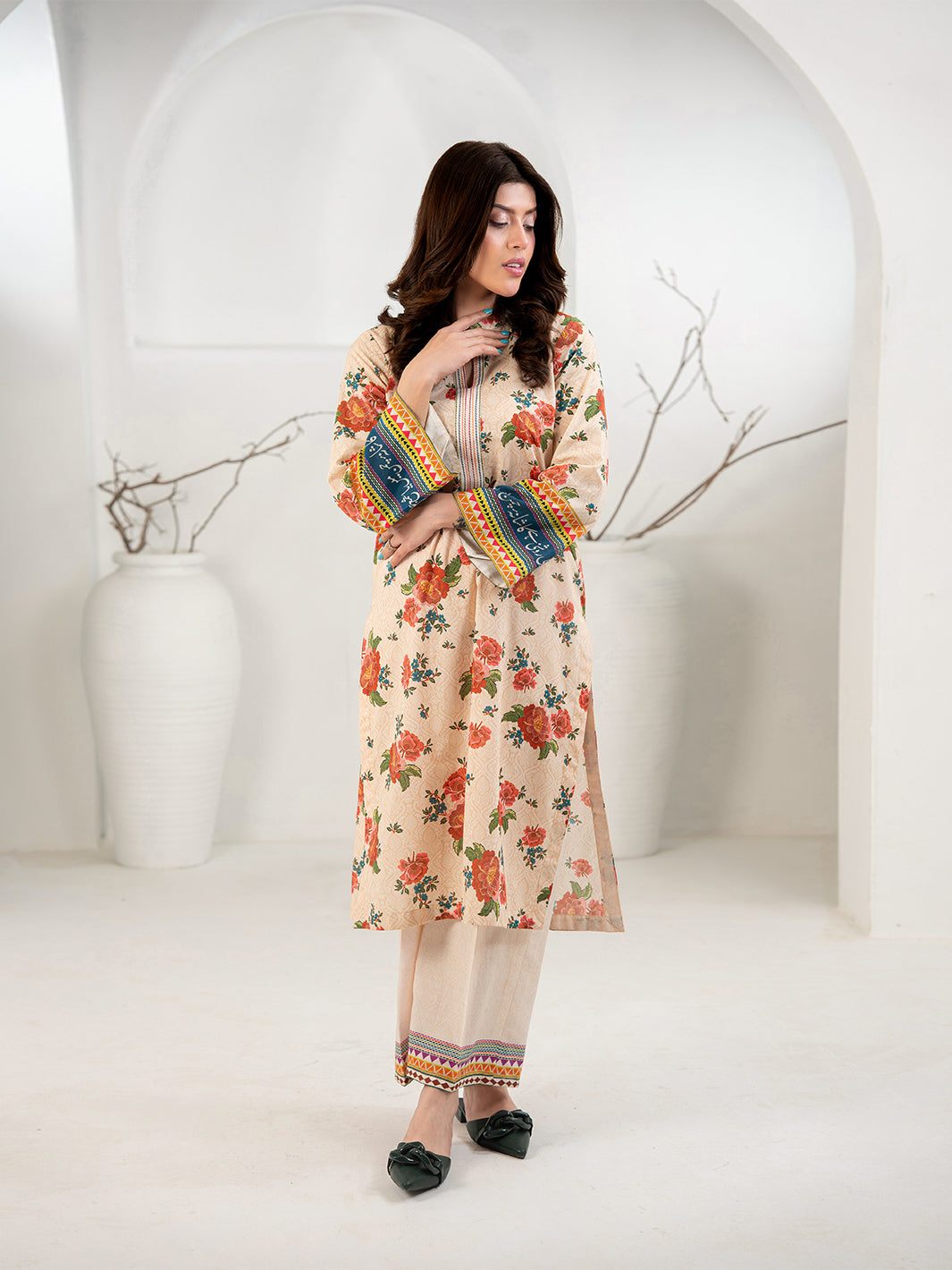 TNG Women Luxury Pret Printed Cambric 3 Piece Suit Gul Bahar Peach - Casual Collection