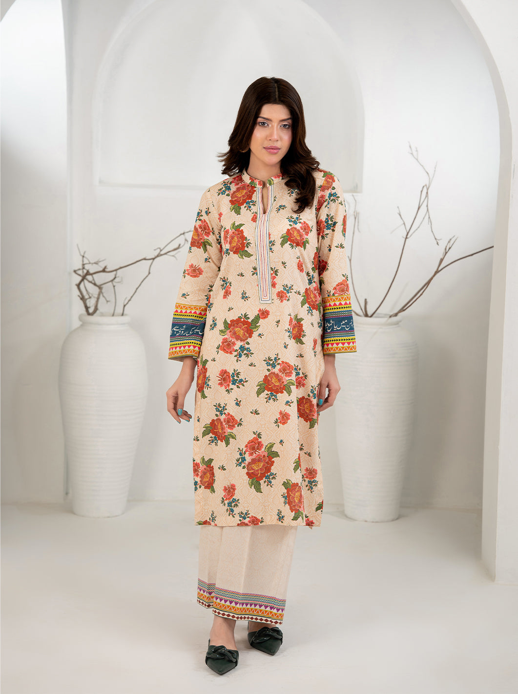 TNG Women Luxury Pret Printed Cambric 3 Piece Suit Gul Bahar Peach - Casual Collection