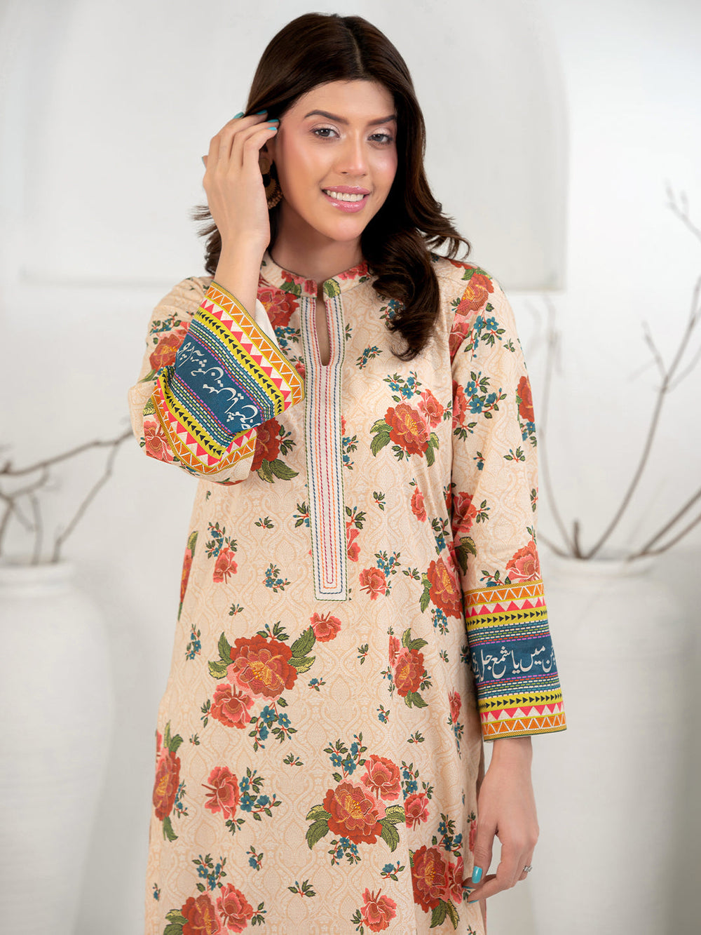TNG Women Luxury Pret Printed Cambric 3 Piece Suit Gul Bahar Peach - Casual Collection