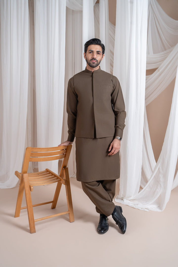 Muraqsh Ready To Wear Solids Cotton Men Light Brown Luxury Formal Kameez Shalwar with Blended Waistcoat Straight Cut MURBLFK - Summer Collection