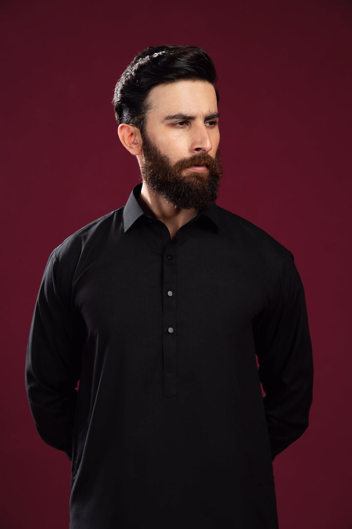 Muraqsh Ready To Wear Solids Cotton Men Crow Black Kurta Trouser/Shalwar MUR-CBKT-HL - Summer Collection