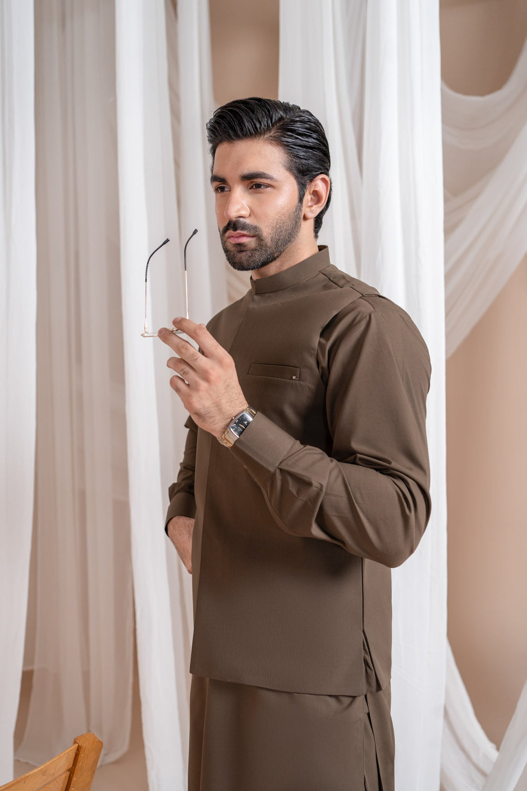 Muraqsh Ready To Wear Solids Cotton Men Light Brown Luxury Blended Waistcoat Straigth Cut MURBLBW - Summer Collection