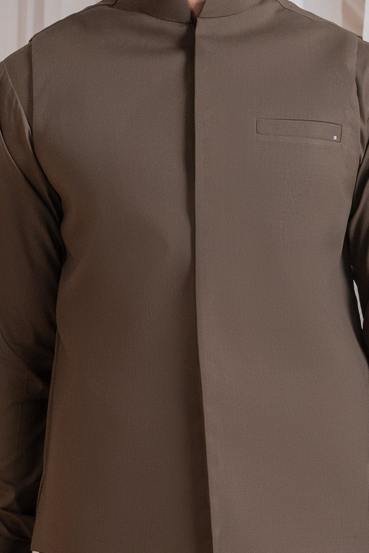 Muraqsh Ready To Wear Solids Cotton Men Light Brown Luxury Formal Kameez Shalwar with Blended Waistcoat Straight Cut MURBLFK - Summer Collection