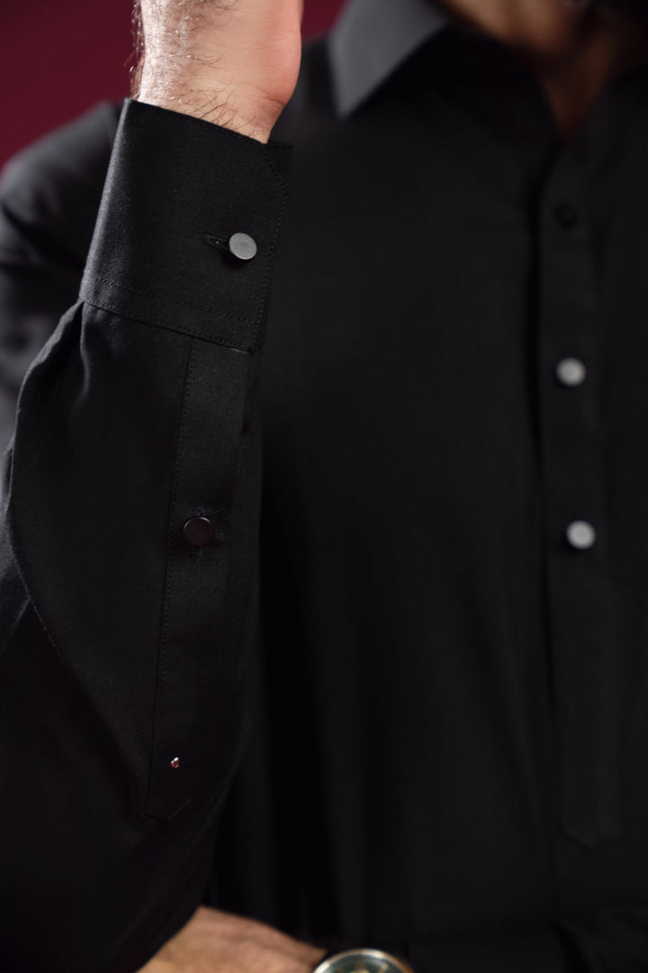Muraqsh Ready To Wear Solids Cotton Men Black French Collar Kameez Shalwar MUR-BFCKS - Summer Collection