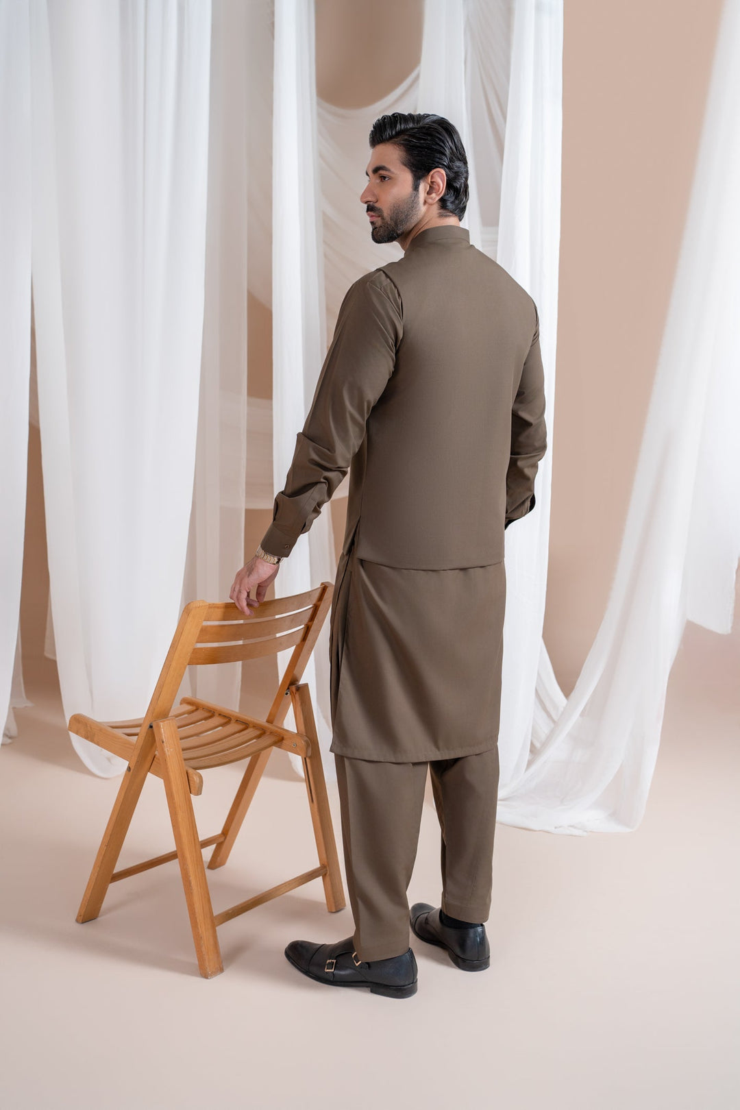 Muraqsh Ready To Wear Solids Cotton Men Light Brown Luxury Formal Kameez Shalwar with Blended Waistcoat Straight Cut MURBLFK - Summer Collection