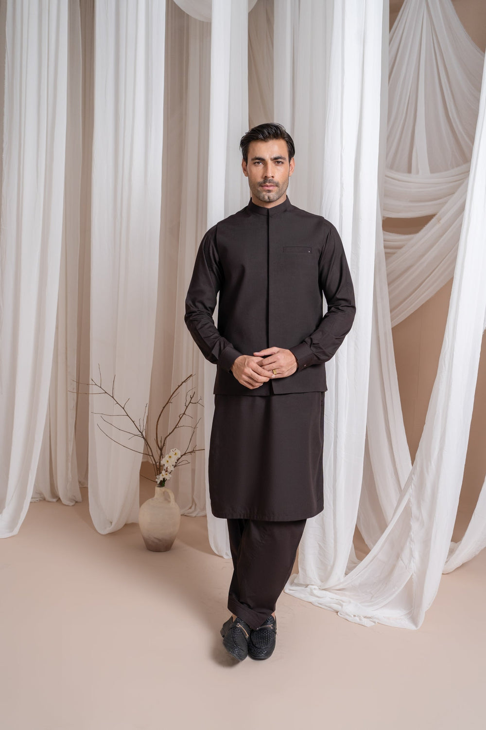 Muraqsh Ready To Wear Solids Cotton Men Dark Brown Blended Waistcoat Straigth Cut MUR-DBBW - Summer Collection