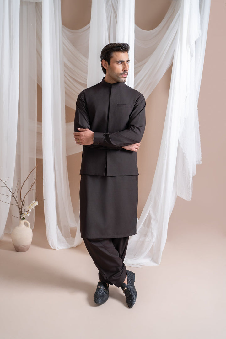 Muraqsh Ready To Wear Solids Cotton Men Dark Brown Kameez Shalwar with Blended Waistcoat Straight Cut MUR-DBKSW - Summer Collection