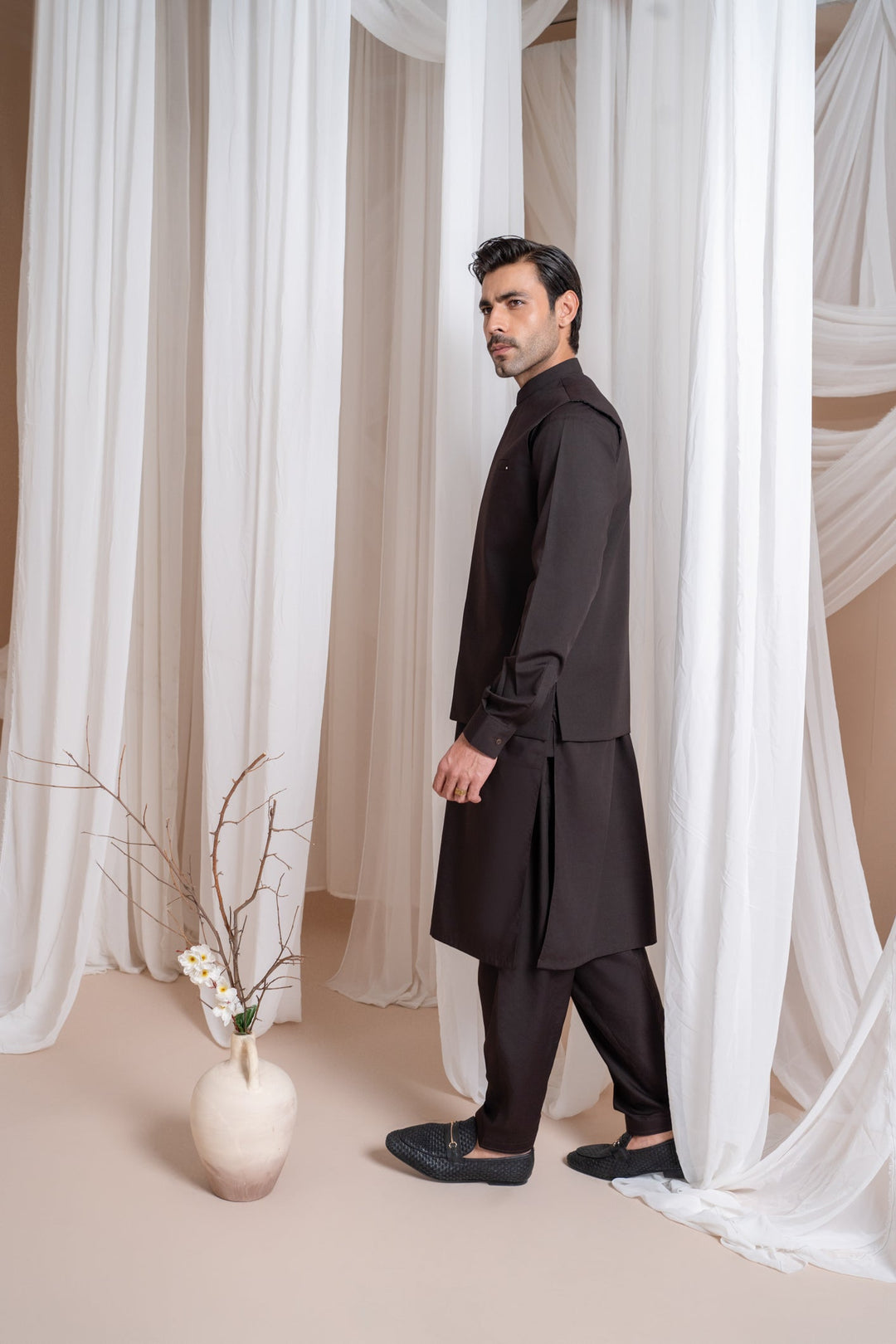 Muraqsh Ready To Wear Solids Cotton Men Dark Brown Kameez Shalwar with Blended Waistcoat Straight Cut MUR-DBKSW - Summer Collection