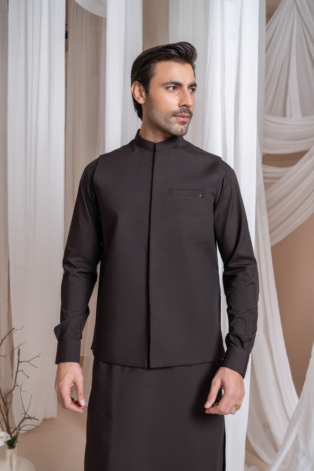 Muraqsh Ready To Wear Solids Cotton Men Dark Brown Kameez Shalwar with Blended Waistcoat Straight Cut MUR-DBKSW - Summer Collection