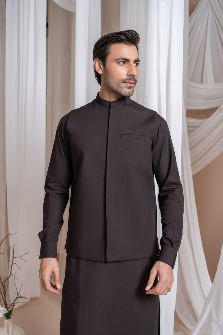 Muraqsh Ready To Wear Solids Cotton Men Dark Brown Kameez Shalwar with Blended Waistcoat Straight Cut MUR-DBKSW - Summer Collection