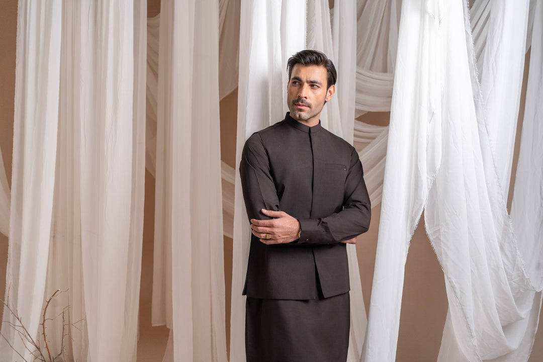 Muraqsh Ready To Wear Solids Cotton Men Dark Brown Kameez Shalwar with Blended Waistcoat Straight Cut MUR-DBKSW - Summer Collection