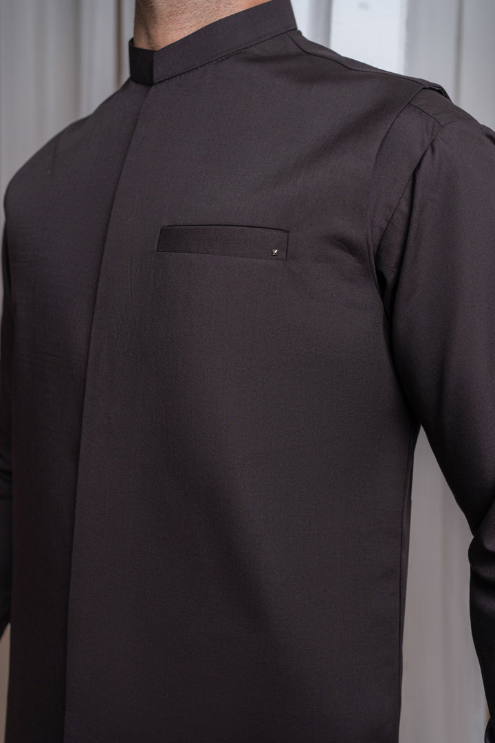 Muraqsh Ready To Wear Solids Cotton Men Dark Brown Kameez Shalwar with Blended Waistcoat Straight Cut MUR-DBKSW - Summer Collection