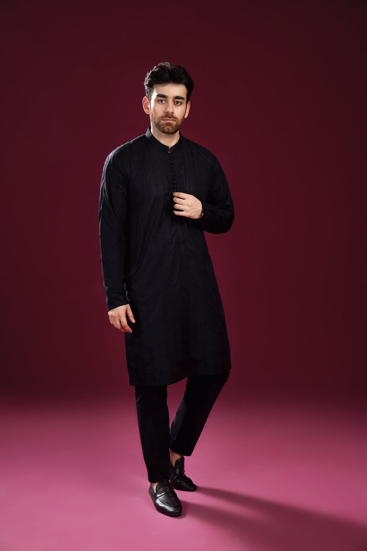 Muraqsh Ready To Wear   Men Black Luppi Falling Cotton Embroidered Kurta Trouser MUR-BLFCE - Summer Collection