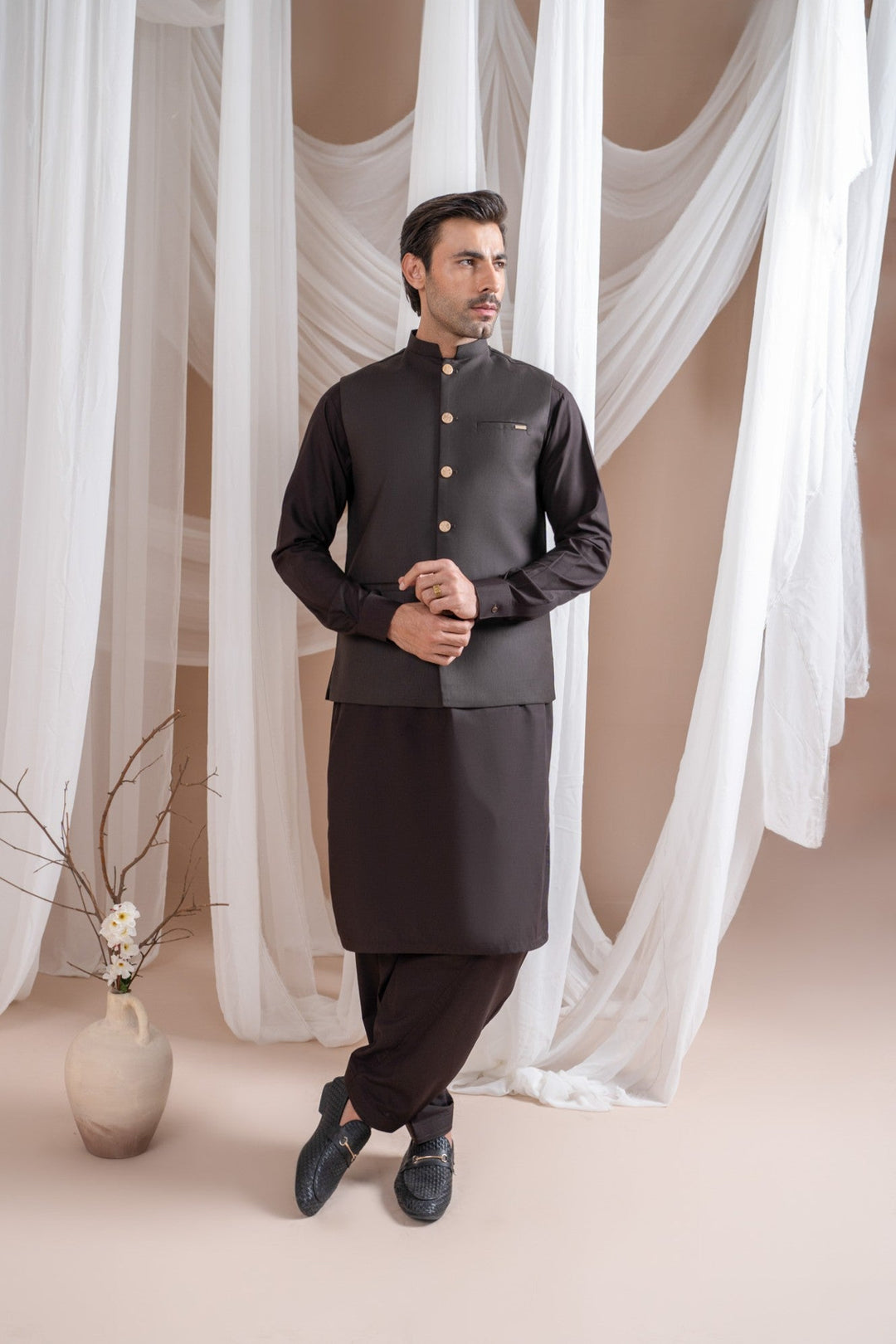Muraqsh Ready To Wear Solids Cotton Men Dark Brown Kurta Shalwar with Suiting Waistcoat Straight Cut MUR-DBKSW-KT - Summer Collection