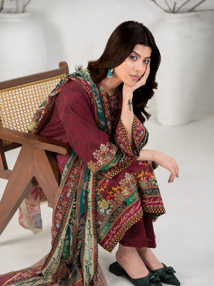TNG Women Luxury Pret Printed Cambric 3 Piece Suit Gulposh Maroon - Casual Collection