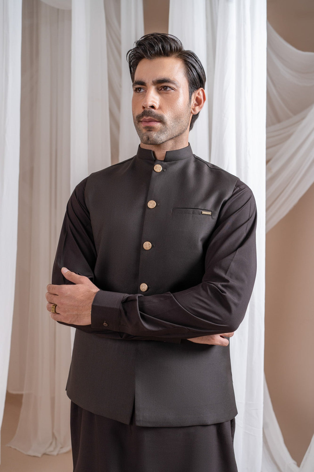 Muraqsh Ready To Wear Solids Cotton Men Dark Brown Kurta Shalwar with Suiting Waistcoat Straight Cut MUR-DBKSW-KT - Summer Collection