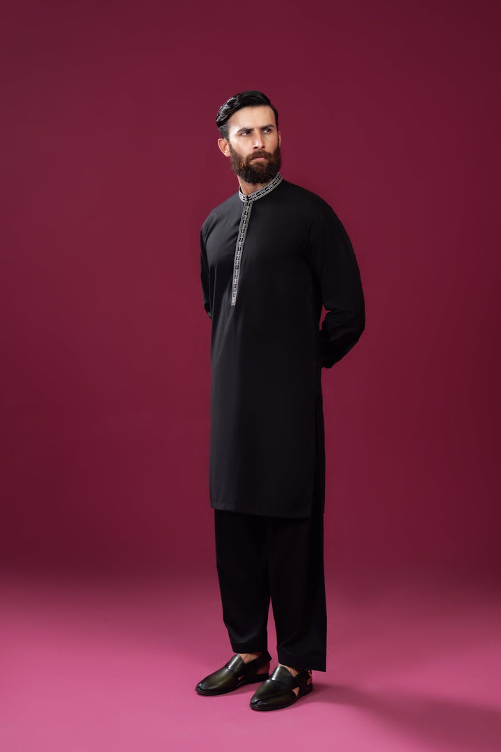 Muraqsh Ready To Wear  Cotton Men Formal Black Kurta Shalwar Falling Collar Neck Embroidered MUR-FBKS - Summer Collection