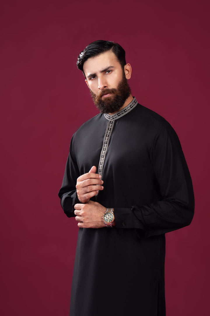 Muraqsh Ready To Wear  Cotton Men Formal Black Kurta Shalwar Falling Collar Neck Embroidered MUR-FBKS - Summer Collection