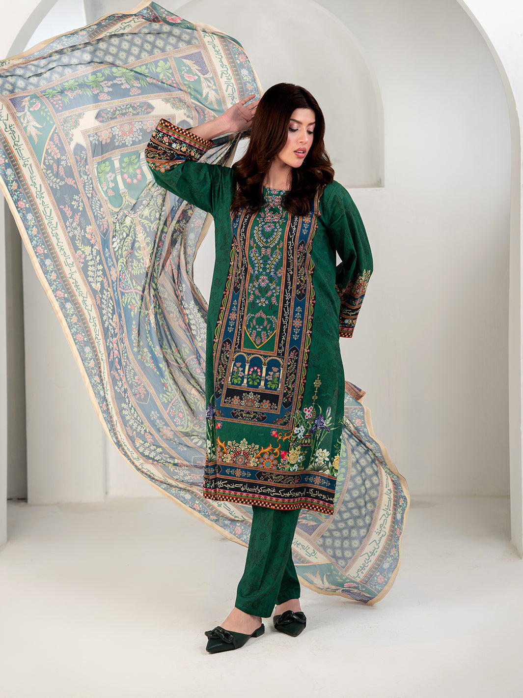 TNG Women Luxury Pret Printed Cambric 3 Piece Suit Gulposh Green - Casual Collection
