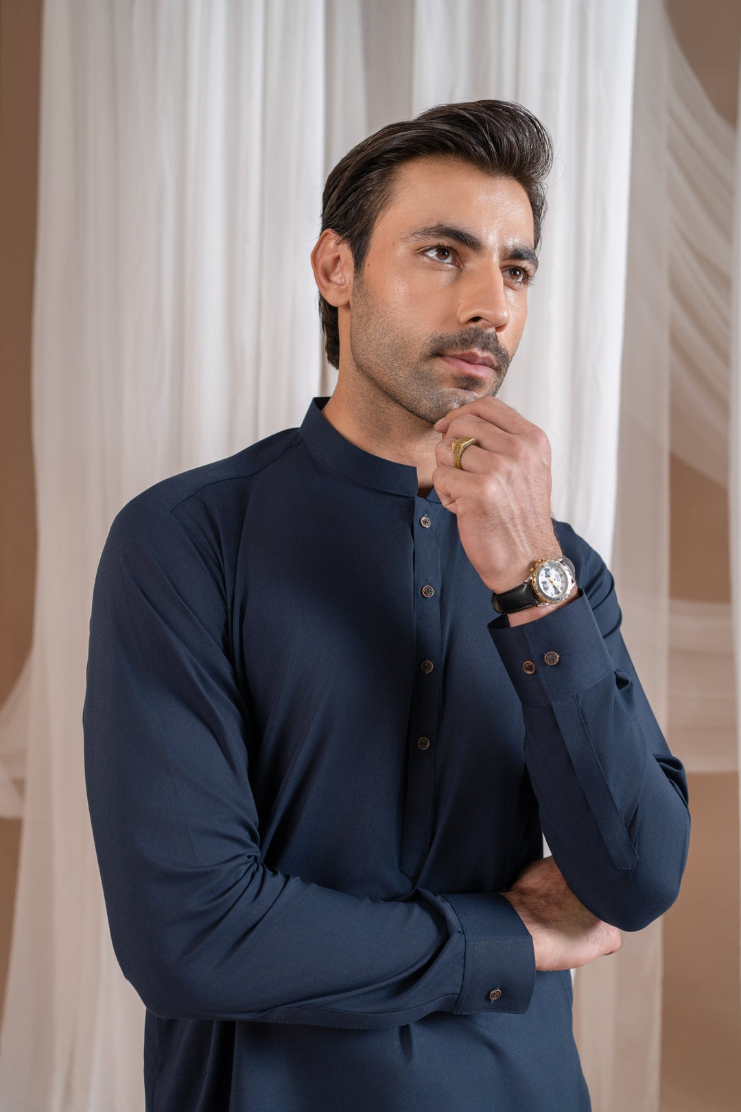 Muraqsh Ready To Wear Solids Cotton Men Navy Blue Kurta Trouser/Shalwar MUR-N-NHL - Summer Collection