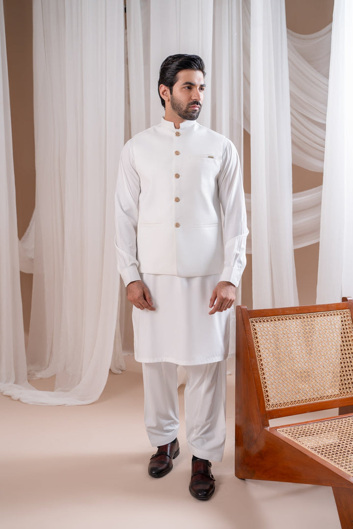 Muraqsh Ready To Wear Solids Cotton Men Off White Suiting Waistcoat Straight Cut Buttoned MUR-OWSW - Summer Collection