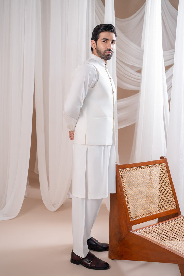 Muraqsh Ready To Wear Solids Cotton Men Off White Kurta Shalwar with Suiting Waistcoat Straight Cut MUR-OWKSW-KT - Summer Collection