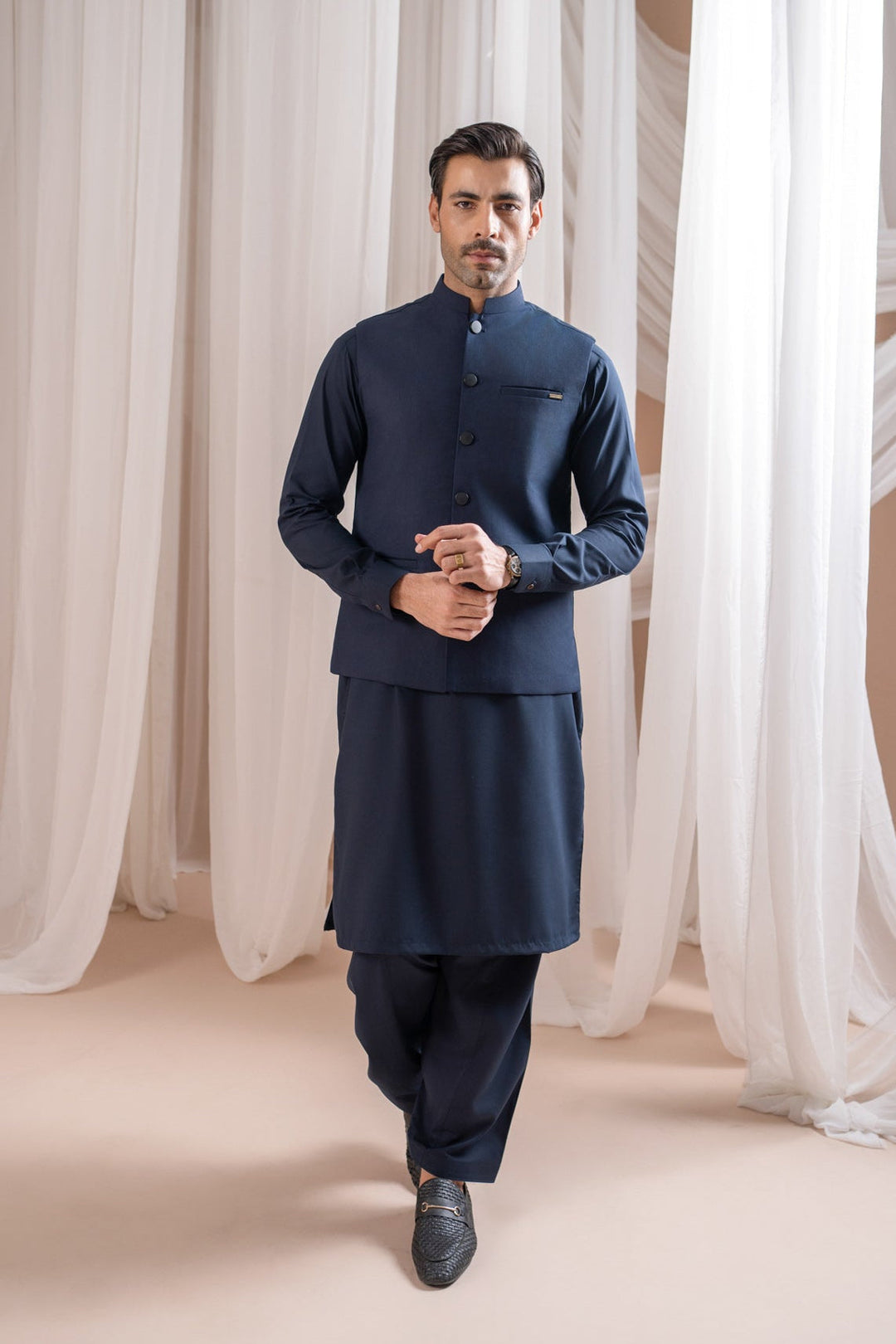 Muraqsh Ready To Wear Solids Cotton Men Navy Blue Kurta Shalwar with Suiting Waistcoat Straight Cut MUR-NBKSW-KT - Summer Collection