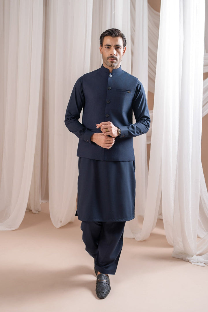 Muraqsh Ready To Wear Solids Cotton Men Navy Blue Kurta Shalwar with Suiting Waistcoat Straight Cut MUR-NBKSW-KT - Summer Collection