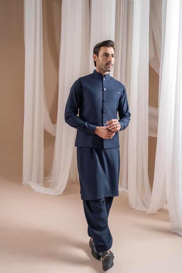Muraqsh Ready To Wear Solids Cotton Men Navy Blue Kurta Shalwar with Suiting Waistcoat Straight Cut MUR-NBKSW-KT - Summer Collection