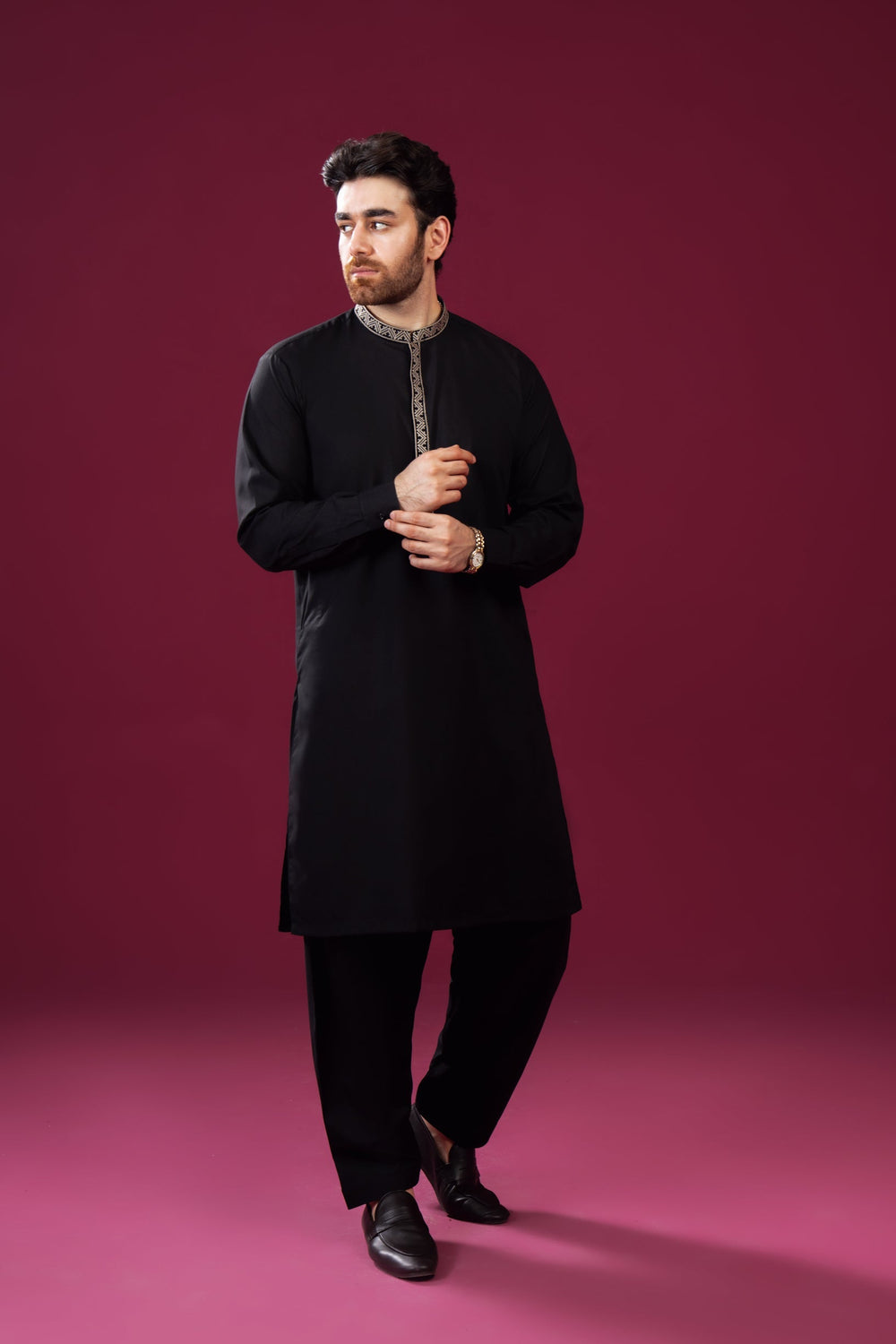 Muraqsh Ready To Wear  Cotton Men Formal Black Kurta Shalwar Pattern Collar Neck Embroidered MUR-FBKS - Summer Collection