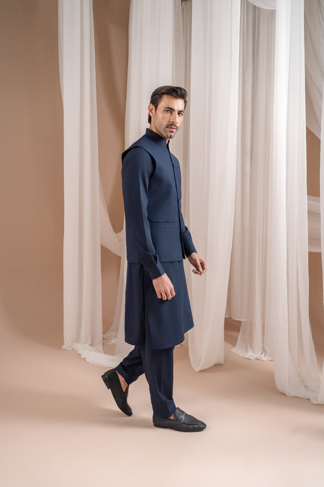 Muraqsh Ready To Wear Solids Cotton Men Navy Blue Kurta Shalwar with Suiting Waistcoat Straight Cut MUR-NBKSW-KT - Summer Collection