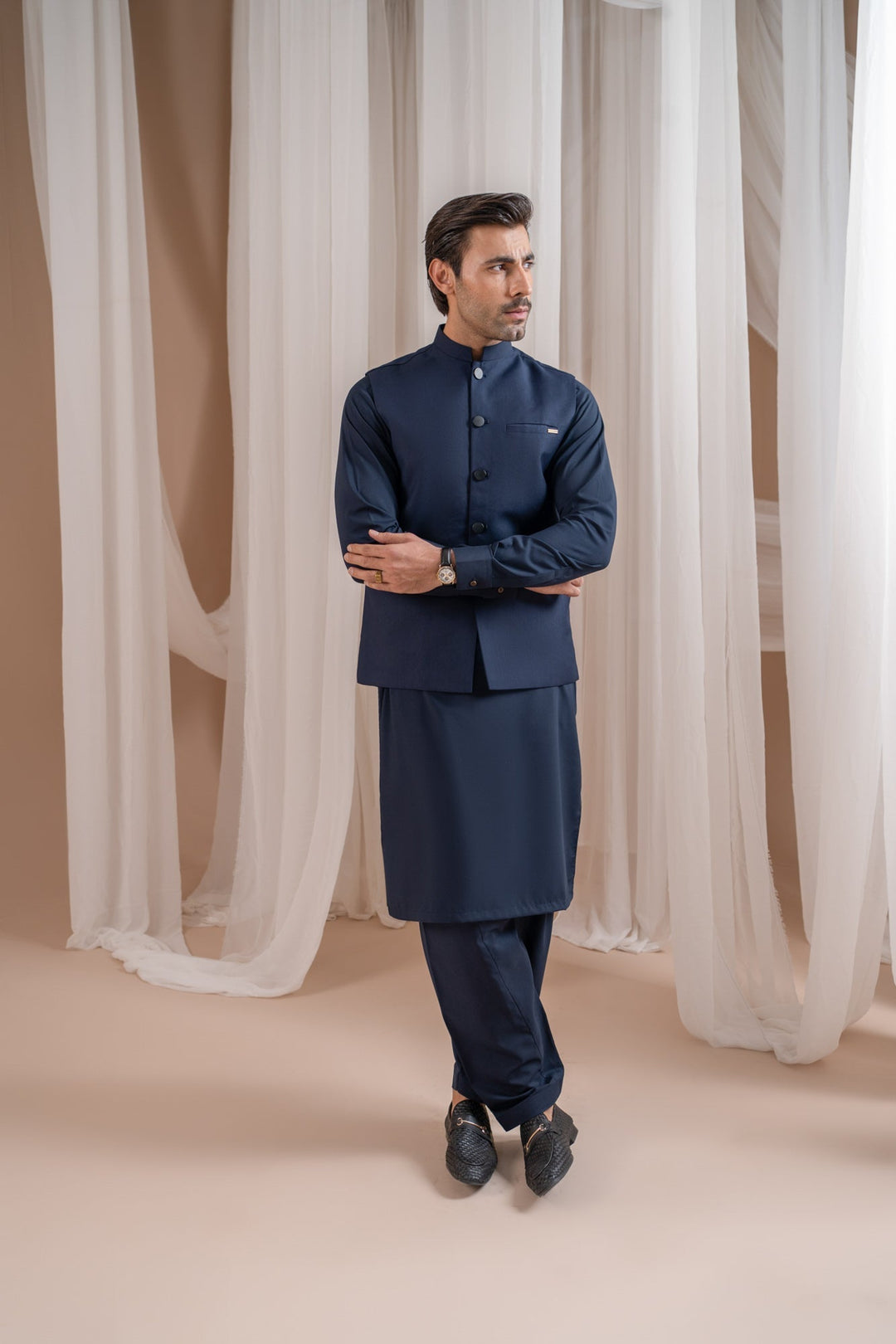 Muraqsh Ready To Wear Solids Cotton Men Navy Blue Kurta Shalwar with Suiting Waistcoat Straight Cut MUR-NBKSW-KT - Summer Collection