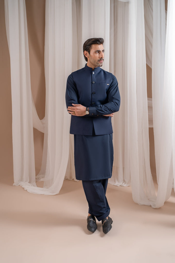 Muraqsh Ready To Wear Solids Cotton Men Navy Blue Suiting Waistcoat Straight Cut Buttoned MUR-NBSW - Summer Collection