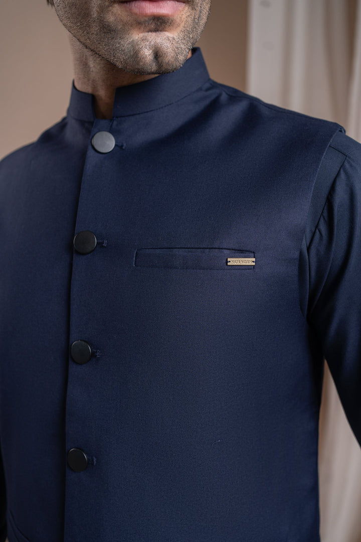 Muraqsh Ready To Wear Solids Cotton Men Navy Blue Suiting Waistcoat Straight Cut Buttoned MUR-NBSW - Summer Collection