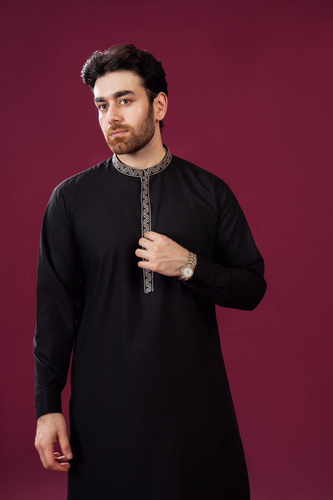 Muraqsh Ready To Wear  Cotton Men Formal Black Kurta Shalwar Pattern Collar Neck Embroidered MUR-FBKS - Summer Collection