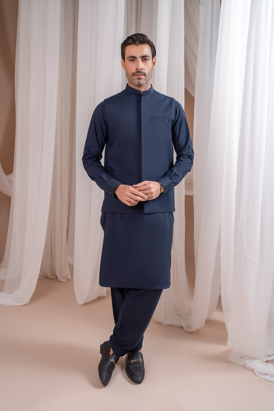 Muraqsh Ready To Wear Solids Cotton Men Navy Blue Blended Waistcoat Straigth Cut MUR-NBBW - Summer Collection