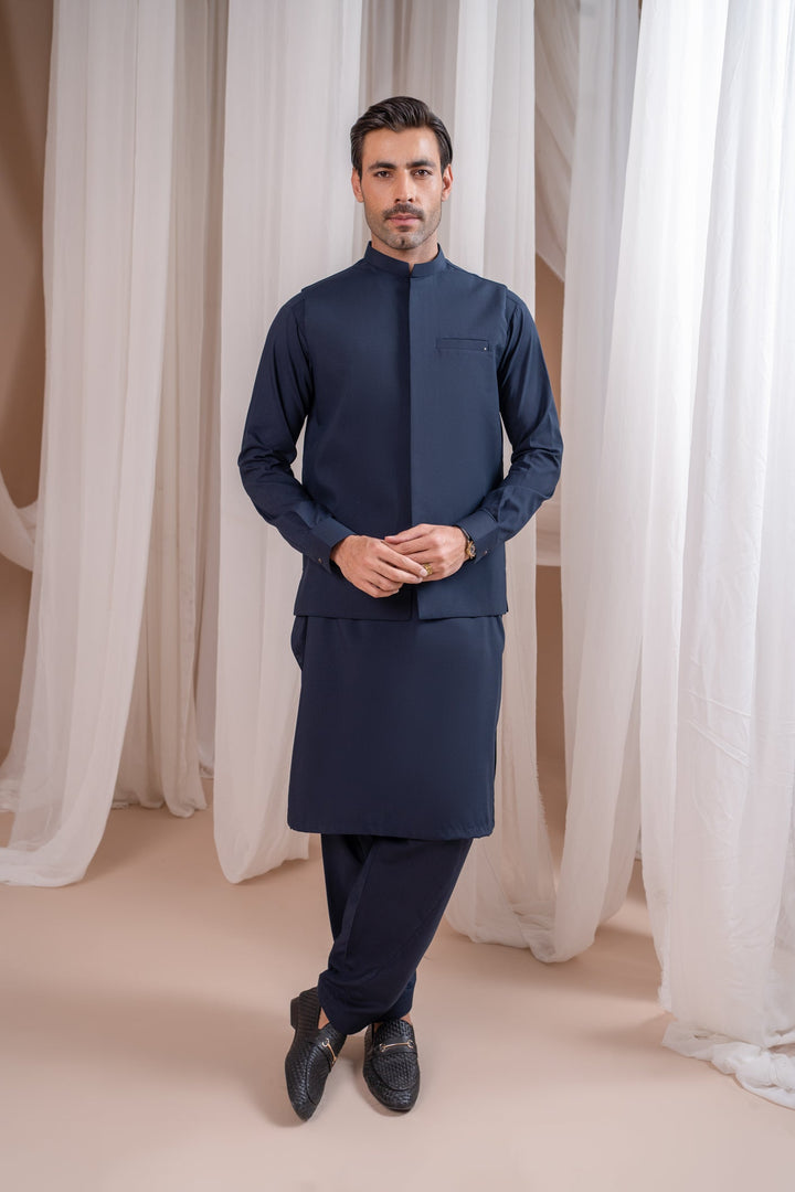 Muraqsh Ready To Wear Solids Cotton Men Navy Blue Blended Waistcoat Straigth Cut MUR-NBBW - Summer Collection